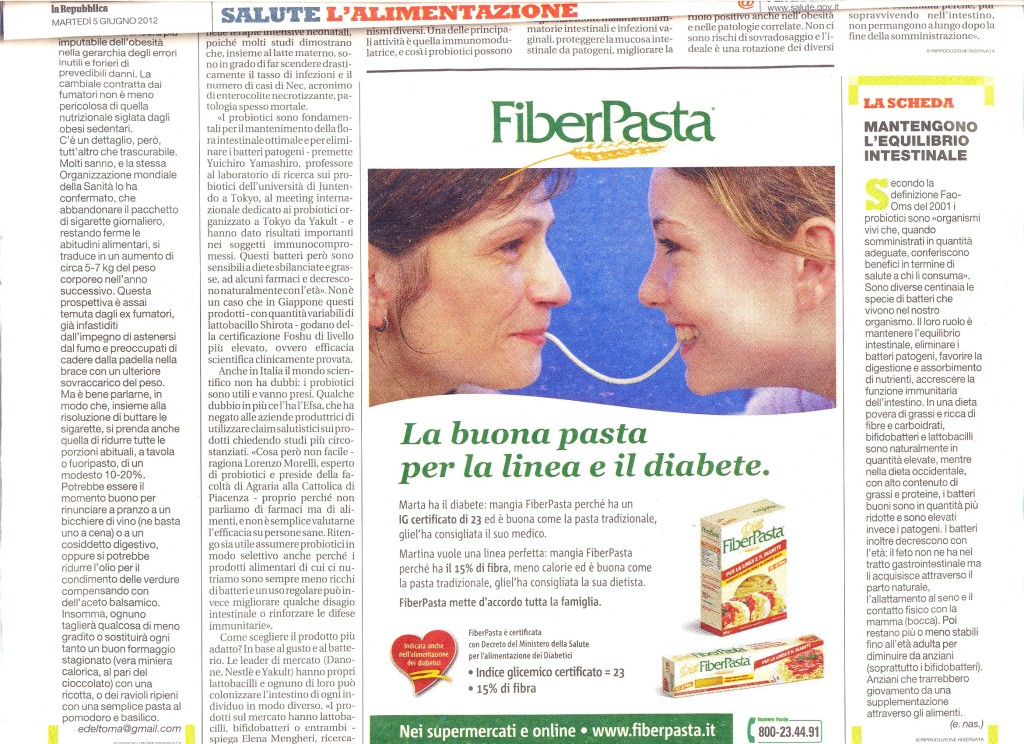 FiberPasta sul quotidiano La Repubblica Giugno 2012